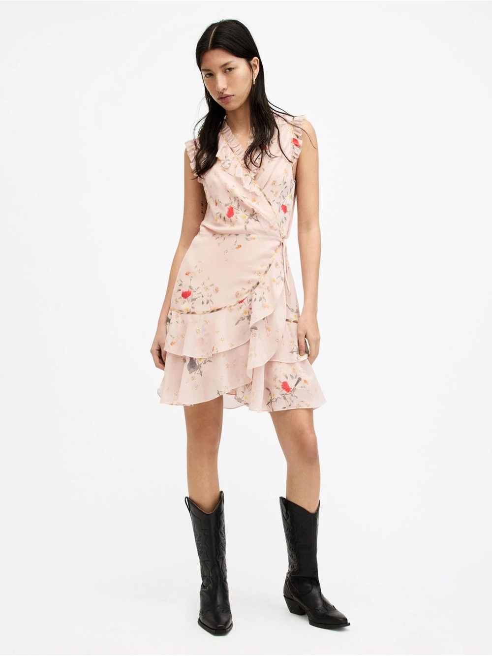 Allsaints Ari Kora Floral Ruffle Wrap Dress in Light Pink NWOT